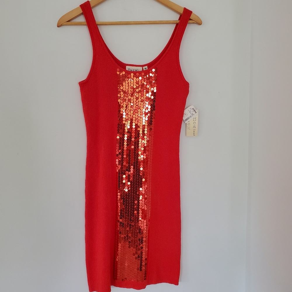 DEREK HEART Metallic Orange Sweater-Knit Tank Mini Dress Sequins Sparkly M NWT